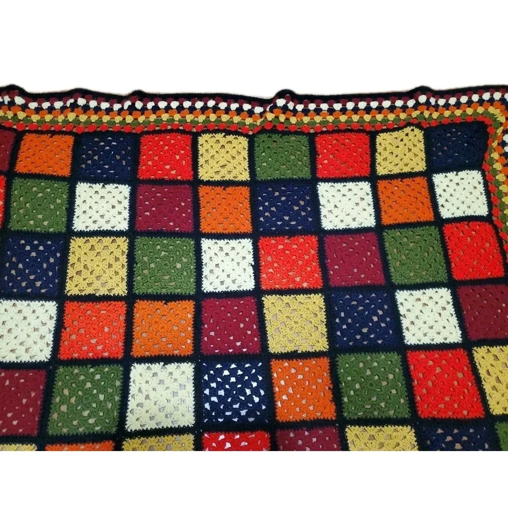 Vintage Granny Square Handmade Crocheted Afghan Blanket Black Orange Green 58x45